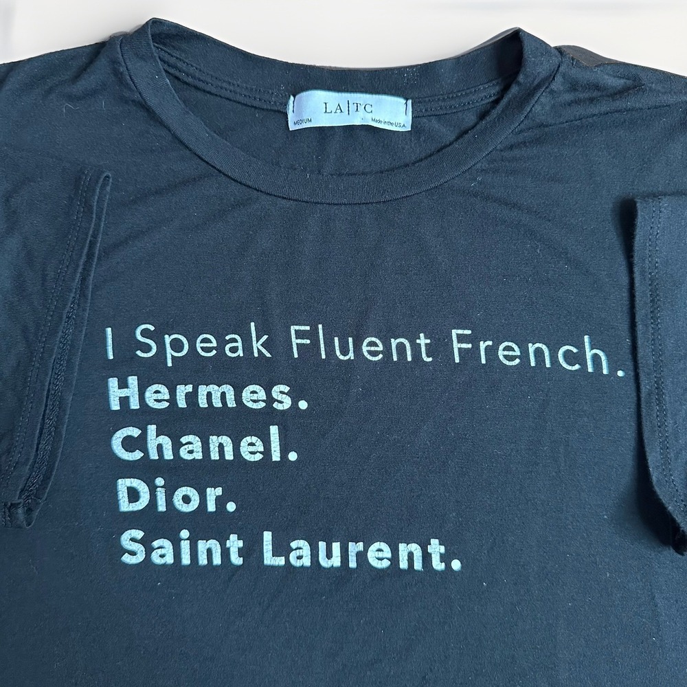 LA.TC Speak Fluent French Designer Black Short Sleeve Shirt Medium Rayon USA